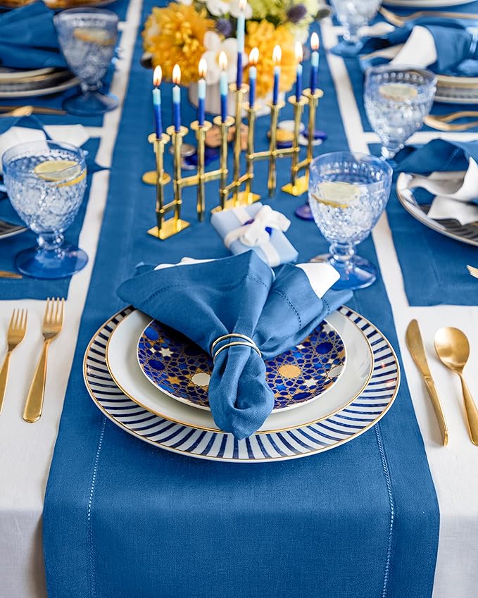 Solino Home Linen Indigo Blue Table Runner 72 Inches Long - 100% Pure Linen Hemstitch Table Runner 14 x 72 Inch for Dresser, Dining, Winter, Spring, Easter - Classic Hemstitch