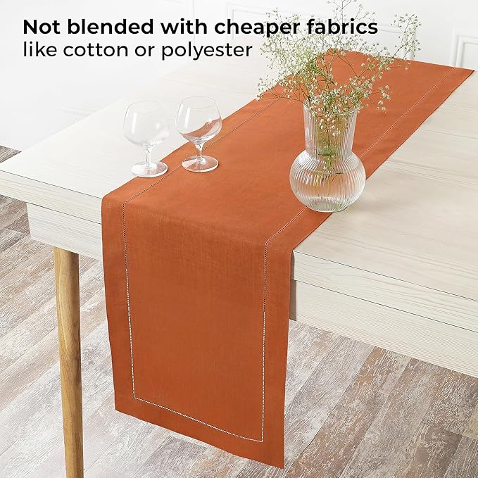 D'Moksha Homes Linen Rust Table Runner 84 Inches Long - 100% Pure Linen Table Runner 14 x 84 Inch for Spring, Easter - Classic Hemstitch