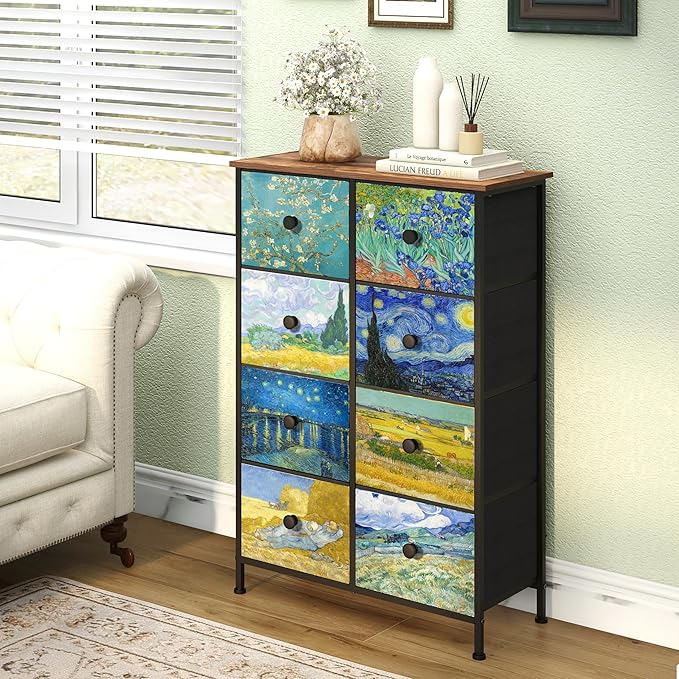 EXOTICA Tall Dresser with 8 Drawer for Bedroom Narrow Van Gogh Chest of Drawers for Hallway Closet Living Room Steel Frame Rustic Brown Wood Grain Wood Top
