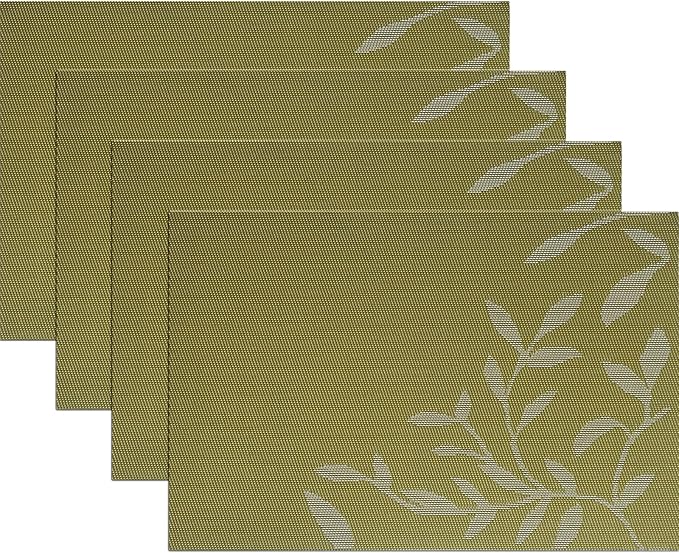 Leaf Placemats Set of 4 Non-Slip Heat-Resistant Vinyl Washable Place Mats for Kitchen Table Indoor Outdoor Durable (18"x12", Green)