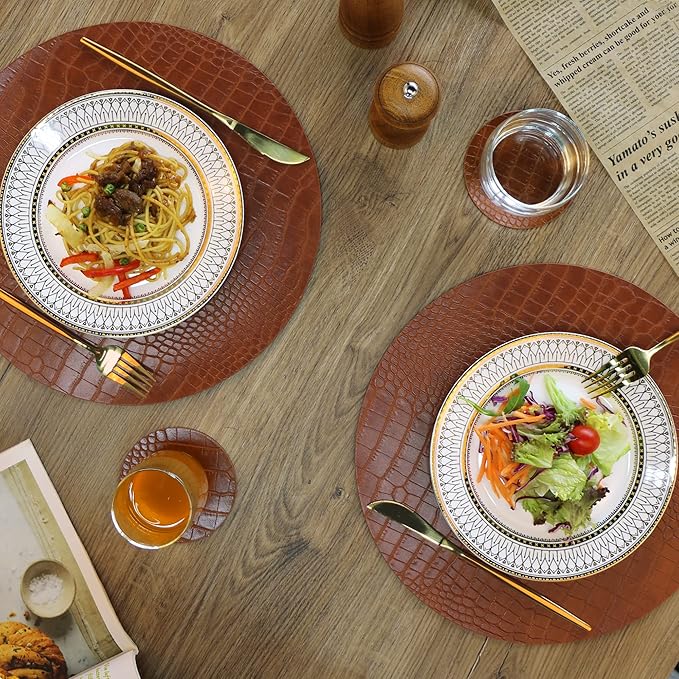 Round Leather Placemats for Round Tables Set of 4, Brown Table Place Mats and Coasters, Washable Easy to Care for Indoor Decor 13" Diameter