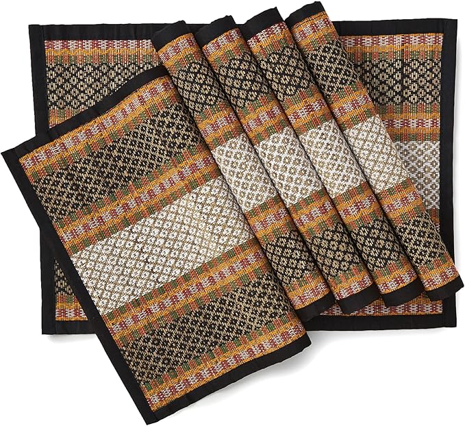 Encasa XO Woven Black Placemats Set of 4 – 12" x 17" | Handwoven Madurkathi Grass Table mats for Dining Table, Kitchen & Outdoor Decor | Durable & Heat‑Resistant