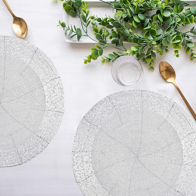 Lightnpro Beaded Placemats Set of 4-13 Inch Round Handmade Table Chargers - Rustic Farmhouse Glitz Table Décor for Dining Room, Christmas, Thanksgiving, Easter & Special Events- Whitish Silver