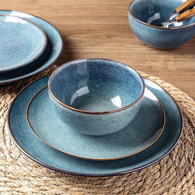 AmorArc Ceramic Dinnerware Sets for 8, 24 Pieces Handpainted Plates and Bowls Set, Scratch Resistant Stoneware Dishes Set, Dishwasher & Microwave Safe, Ceylon Blue