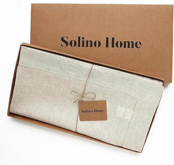 Solino Home Light Natural Linen Tablecloth 60 x 108 Inch - Classic Hemstitch, 100% Pure Linen Rectangular Tablecloth - Machine Washable Table Cloth for Spring, Easter