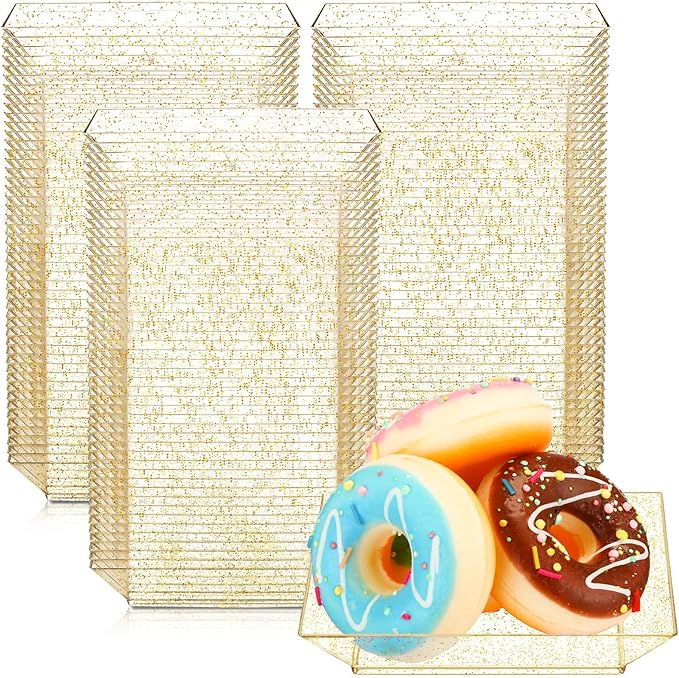 Zhehao 100 Pcs Plastic Dessert Appetizer Plates Disposable, 3.6 x 3.6 Inch Small Square Plastic Dessert Cake Plate for Party, Valentine's Day Wedding Birthday Bridal Baby Shower Supplies (Gold Clear)