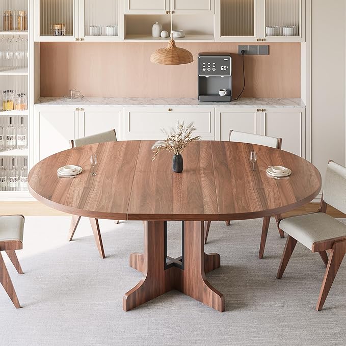 iPormis 59" Round Extendable Dining Table for 4-6, Modern Kitchen Table with Heavy Duty Pedestal Base & Wooden Top, Oval Dining Room Table for Dining Living Room, Easy Assembly, Walnut