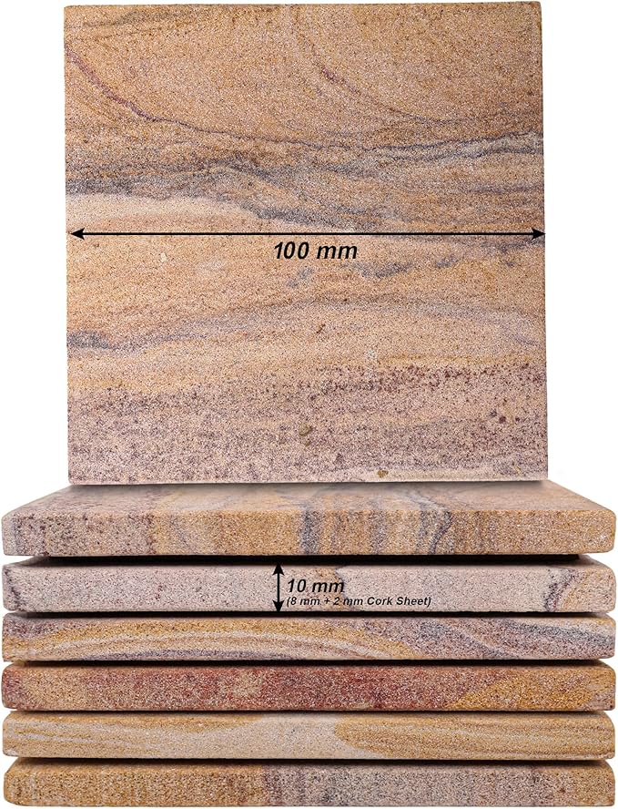 Sandstone Water Absorbent Hand Crafted Square Coasters for Drinks - 4 Inches Wide Thirsty Stone Bar/Drink Coasters- Made from Rainbow Sandstone (Set of 4 Without Holder)