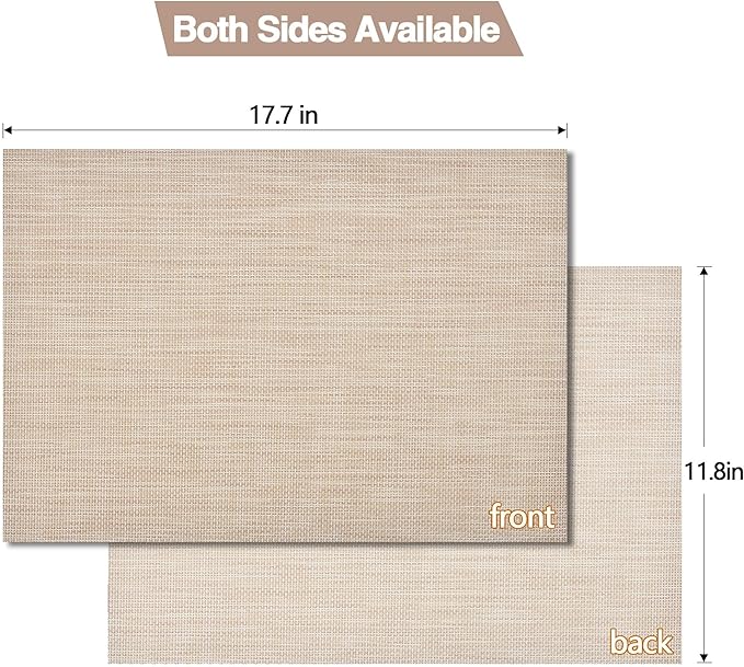 SLKQG Placemats Set of 4 - Easy Clean Washable Vinyl Placemats - Wipeable Heat Resistant Table Mats for Dining Table - 17.7x11.8 Inch (4, Beige)