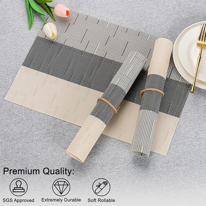 Placemats Set of 6, Vinyl Woven Place Mats Indoor Set of 6 Washable Wipeable PVC Table Mats Heat-Resistant Non Slip Placemat for Kitchen Dining Outdoor Table (Beige Dark Gray, Set of 6)