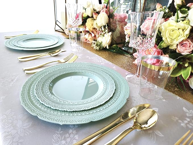 " OCCASIONS " 150pcs set (25 Guests)-Extra Heavyweight Vintage Wedding Disposable/Reusable Plastic Plates -25 x 11'' + 25 x 8.25'' +Silverware (Chateau in Mint)