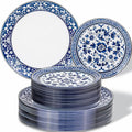 Hioasis 60pcs Blue Plastic Plates Set - Floral Blue & White Porcelain Design, 10.25" Dinner & 7.5" Dessert Plates Disposable for Wedding (Dishwasher Safe, Art Style)