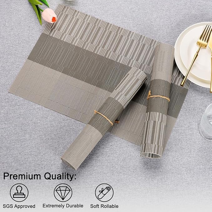 Placemats Set of 4, Vinyl Woven Place Mats Indoor Set of 4 Washable Wipeable PVC Table Mats Heat-Resistant Non Slip Placemat for Kitchen Dining Outdoor Table (Gray Dark Gray, Set of 4)