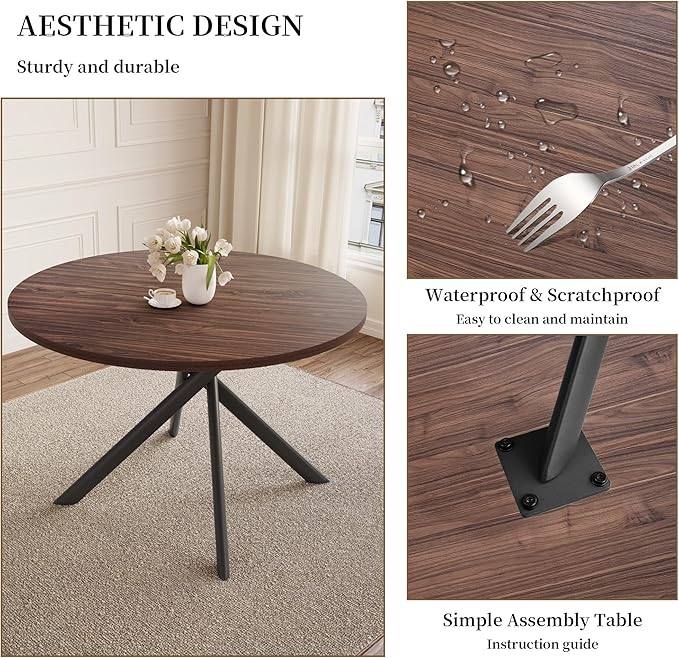 45.3'' Walnut Round Dining Table Set for 4, Mid Century Modern Small Coffee Set for Dining Room Kitchen Apartment (Dark Walnut Table + 4 White Chairs)
