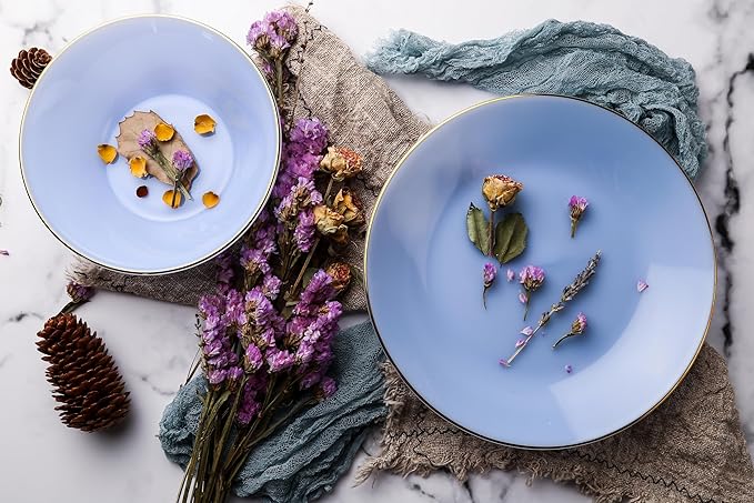9-Inch Glass Dinner Plates Set of 6 – Elegant Blue with Gold Trim and Non-Slip Base, Handcrafted for Family Dining, Entertaining, or Gifts