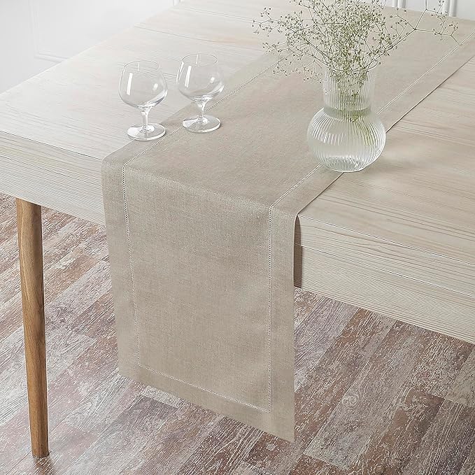 D'Moksha Homes Linen Natural Table Runner 72 Inches Long - 100% Pure Linen Hemstitch Table Runner 14 x 72 Inch for Dresser, Dining, Valentines, Spring, Easter - Classic Hemstitch