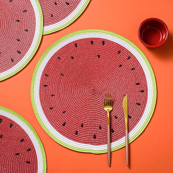 AHHFSMEI Round Braided Placemats 15 Inch Round Table Mats for Dining Tables Natural Woven Heat Resistant Place mats Set of 6 (Watermelon red)