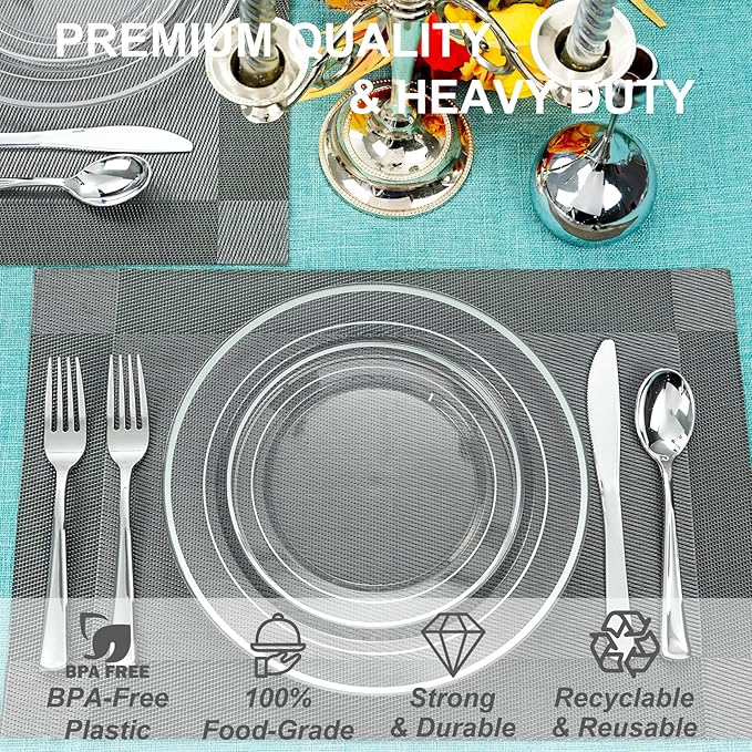 I00000 60PCS Silver Plastic Plates, Clear Plates with Silver Rim 10 Inch, Ideal for Weddings, Parties,Birthday