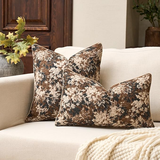 Yangest Neutral Floral Pillow Cover 18 x18 Inches, Vintage Chenille Square Throw Pillow Cover Soft Decorative Farmhouse Accent Couch Pillow Cover for Living Room Bedroom, Coffee Brown