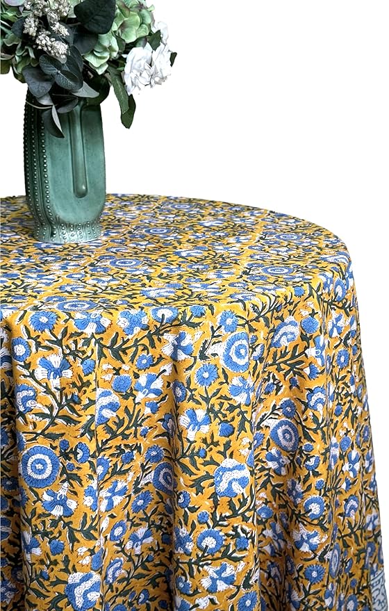 ATOSII Marigold Blue100% Cotton Round Tablecloth, Block Print Floral Table Cloth for Dining, Parties, Weddings, Outdoors, Holidays I 72" Inches, 4 Seater I Grandmillennial Farmhouse Spring Summer Boho