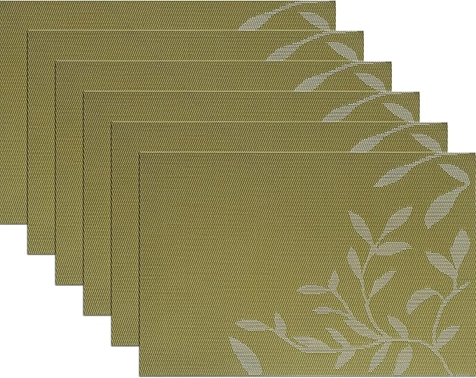 Leaf Placemats Set of 6 Non-Slip Heat-Resistant Vinyl Washable Place Mats for Kitchen Table Indoor Outdoor Durable (18"x12", Green)