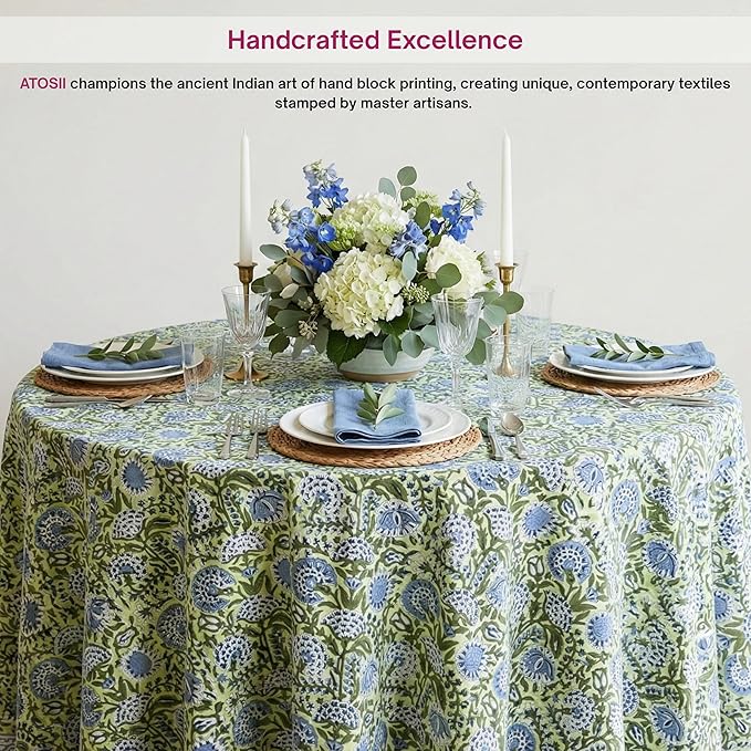 ATOSII Amara 100% Cotton Round Summer Tablecloth, Handblock Print Floral Table Cloth for Kitchen Dining Linen I Parties, Weddings, Outdoors I Grand Millennial Farmhouse Home Decor 90" Inches Round