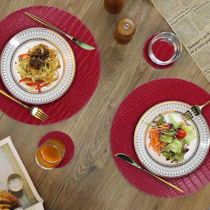 Jovono Round Leather Placemats for Round Tables Set of 6, Red Place Mats and Coasters, Wipeable Waterproof Heat Resistant Table Mats Easy to Care for Indoor Decor 14 inch Diameter