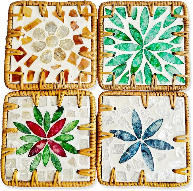 Handmade Rattan Coaster Set of 4, Cute Coasters Square with Mother of Pearl, Coastal & Boho Coaster Vintage for Decorative, Coffee Table, Bar & Outdoor Drink Coasters, Unique Housewarming Gift