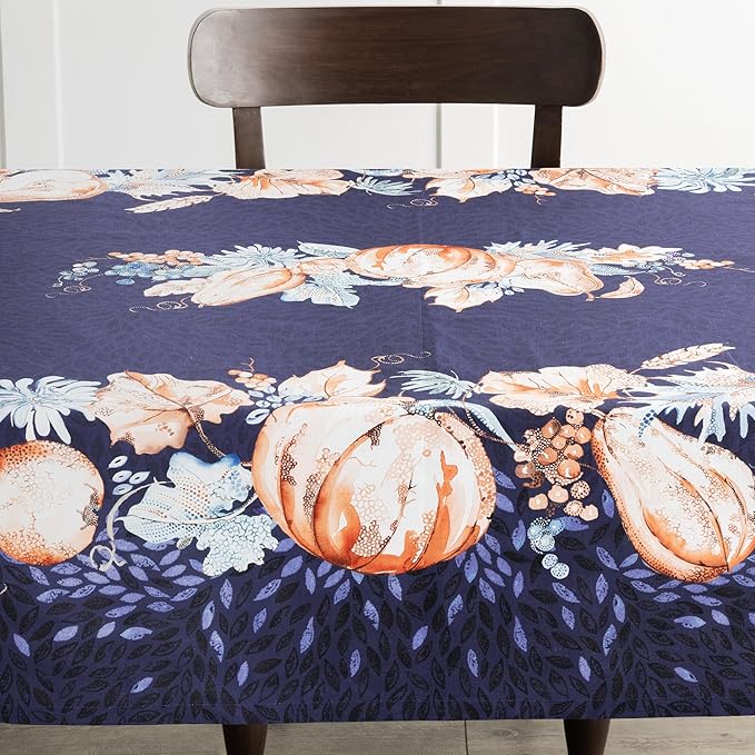 Maison d' Hermine Table Cloth Rectangle Table 100% Cotton 60 x 108 Inches Fall Tablecloth Reusable Everyday Use for Thanksgiving Christmas Decorations Dining Farmhouse Party (Pumpkin Blues)