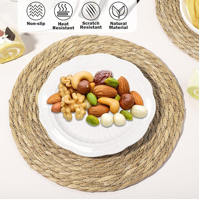 Elcoho 4 Pieces Round Woven Placemats 13.8 Inch Boho Rattan Placemats Farmhouse Braided Place Mats Woven Plate Chargers Rustic Wicker Table Mats for Dining Table