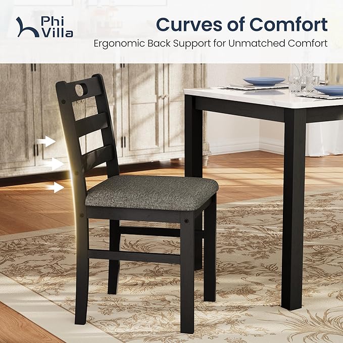 PHI VILLA Solid Wood Dining Table Set for 4, Marble Design Kitchen Table Chairs Set of 4, 5 Piece Space-Saving Dining Room Table Set for Apartment, Venatino White Marble& Black