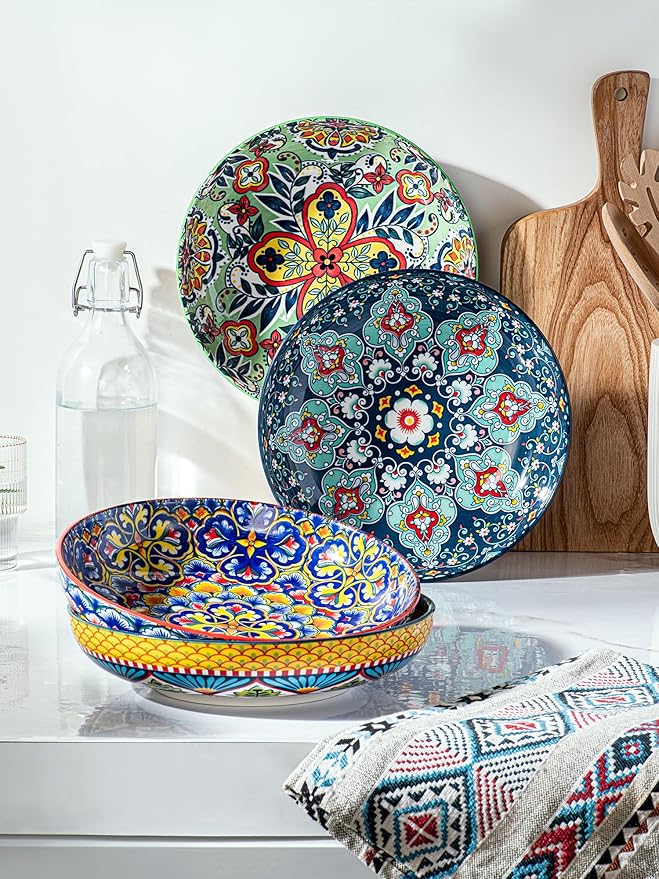 HENXFEN LEAD 33 oz Ceramic Pasta Bowls Set of 4, 8 Inch Wide & Shallow Bowls – Colorful Serving Bowls for Salad, Soup, Pasta, Microwave & Dishwasher Safe