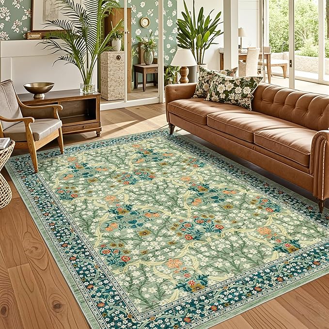 GarveeHome 8x10 Area Rugs, Washable Rugs for Living Room Non Slip Stain Resistant Ultra Soft Floral Rug, Boho Carpet Floor Mat for Bedroom Dining Room Nursery Playroom Office, Sage Green