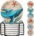 Round Absorbent Ceramic Stone Coasters, Sea Ocean Life Drinks Coasters Sets of 6, Coastal Decor Beach Theme Tropical for House Apartment Kitchen Bar Decor, Wooden Table, Coffee Table(4 Inches)