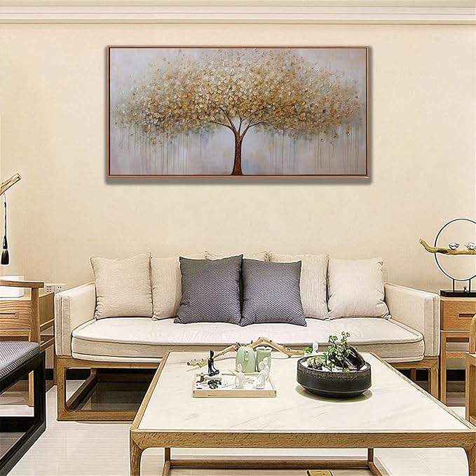 Wall Art Gold Abstract Tree of Life Framed Modern Artwork Canvas Painting Textured Tree Pictures Wall Decor Home Decor Wall Ready to Hang for Bedroom Living Room Size 30"x60"