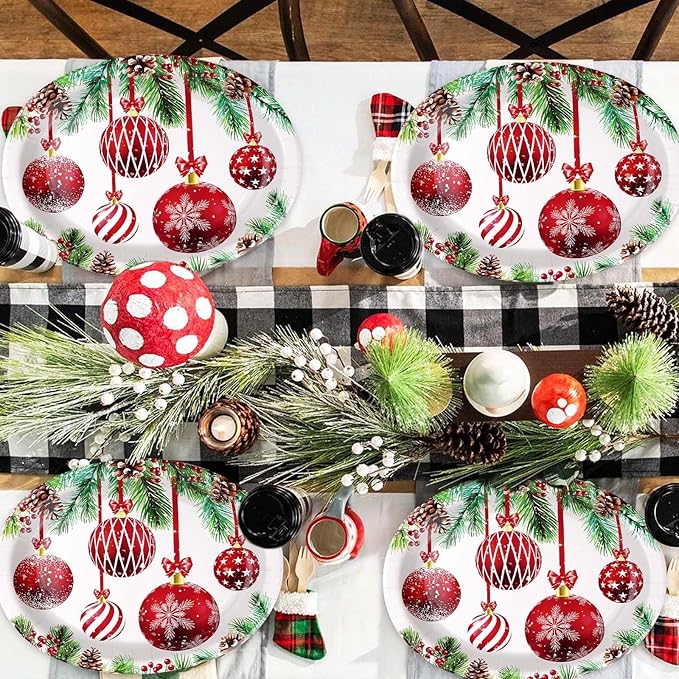 Grencian 50Pcs Christmas Paper Plates - Oval Dinner Plates, 10" x 12", Heavy Duty 400GSM, Red Christmas Balls for Merry Xmas Party Supplies