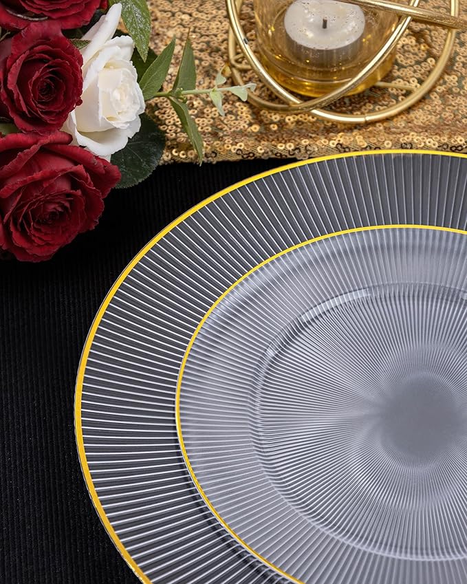 Hioasis 60pcs Clear Gold Plastic Plates - Gold Disposable Dinnerware Set, 30pcs Dinner 10.25in & 30pcs dessert 7.5in plates with striped designs for party & wedding