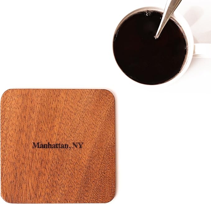 Manhattan, NY Map Coaster by O3 Design Studio, Set Of 4, Sapele Wooden Coaster With City Map, Handmade