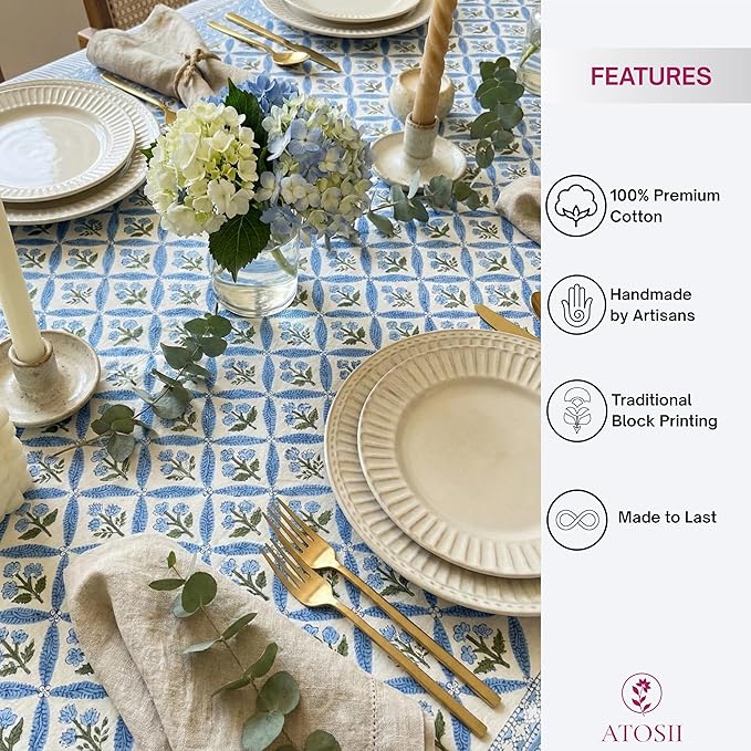 ATOSII Netta Blue 100% Cotton Rectangle Boho Fall Tablecloth, Handblock Floral Table Cloth Linen for Kitchen Dining I Parties Wedding Outdoors Farmhouse Grandmillennial I 72 X 108 Inches I 8 Seater