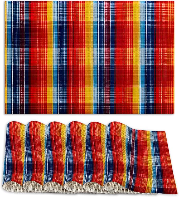 Placemats Set of 6 Linen Washable Kitchen Dining Colorful Mexican Stripes Lines Table Mats Stain Heat-Resistant Desktop Décor Place Mats for Home Party Indoor 12x18 in