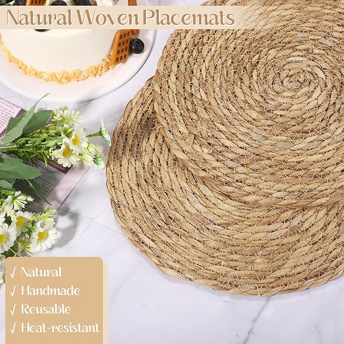 Aneco 12 Pack 12-Inch Round Woven Placemats Natural Hand-Woven Boho Rattan Wicker Bulrush Placemat Farmhouse Rustic Braided Table Mats for Dining & Kitchen Decor