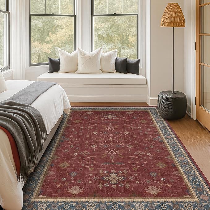 5x8 Boho Dark Red Rug for Living Room - Vintage Oriental Revival Low-Pile Carpet for Bedroom, Dining Table, Machine Washable Area Rug Non-Slip with Rubber Back