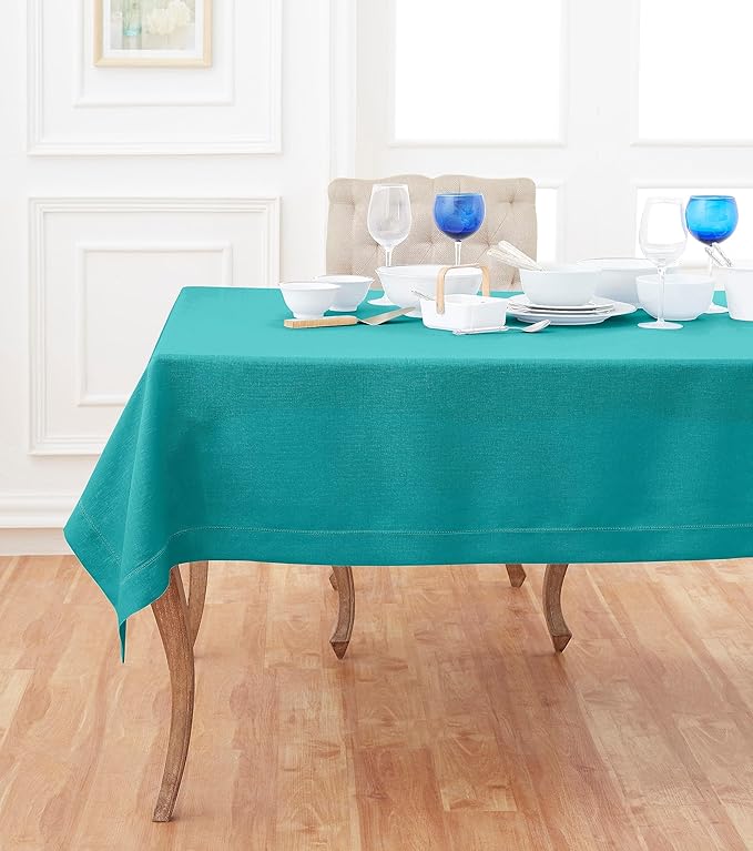 Solino Home Linen Tablecloth 60 x 90 Inch - Classic Hemstitch 100% Pure Linen Teal Table Cloth for Rectangle Tables - Machine Washable Tablecloth