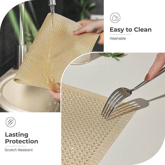 Leetaltree Luxury Gold Sequin Placemats Set of 12 - Waterproof Washable for Wedding, Anniversary, Daily Use - Sparkling Table Decor - Hand-Cut
