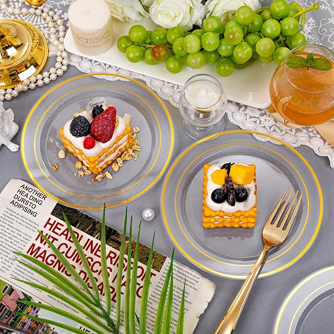 I00000 60PCS Clear Gold Dessert Plates, Clear Plastic Plates with Gold Rim 7 Inch, Fancy Disposable Wedding Plate Heavy Duty for Birthday, Wedding & Party