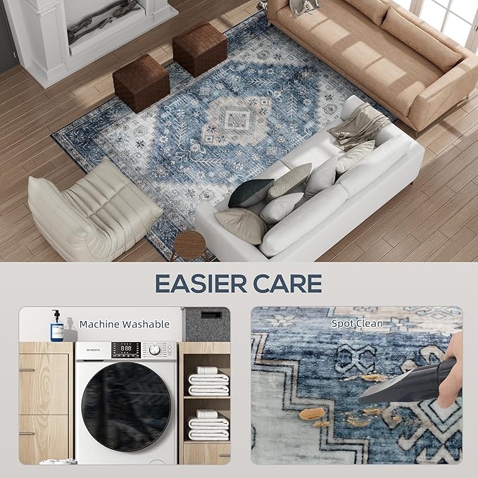 HOMCOM Washable Area Rug, 5'x7' Vintage Indoor Distressed Carpet, Retro Floor Cover Foldable, Floral Print Mat for Living Room, Bedroom, Dining Room, Blue