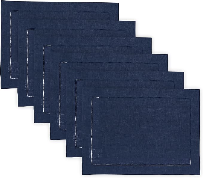 Solino Home Linen Cloth Placemats Set of 6-100% Pure Linen Hemstitch Navy Blue Placemats 14 x 19 Inch - Classic Hemstitch Table Place Mats for Winter, Easter