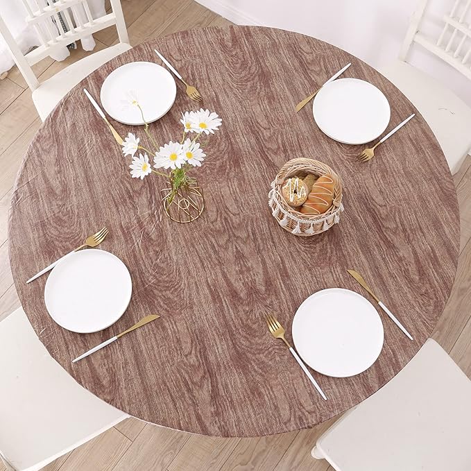 Walrus Round Vinyl Fitted Tablecloth with Flannel Backing Elastic Edge Design Table Cover Waterproof Oil-Proof PVC Table Cloth Stain-Resistant Best for 37"-44" Round