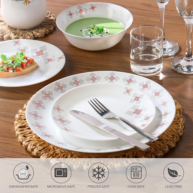 Cello Regal Dinnerware Set of 18 pieces, Service for 6, Chip & Scratch Resistant, Lightweight Round Plates and Bowls Set, Microwave & Dishwasher safe, Opalware Dinner Set, Block Buster