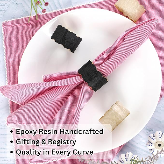 ALPHA Living HOME Epoxy Resin Napkin Rings - 12 Pieces Farmhouse Napkin Rings Holder for Wedding, Banquet, Adornment for Table Settings, Boho Style for Dining Table, Wedding (Black & Cream)